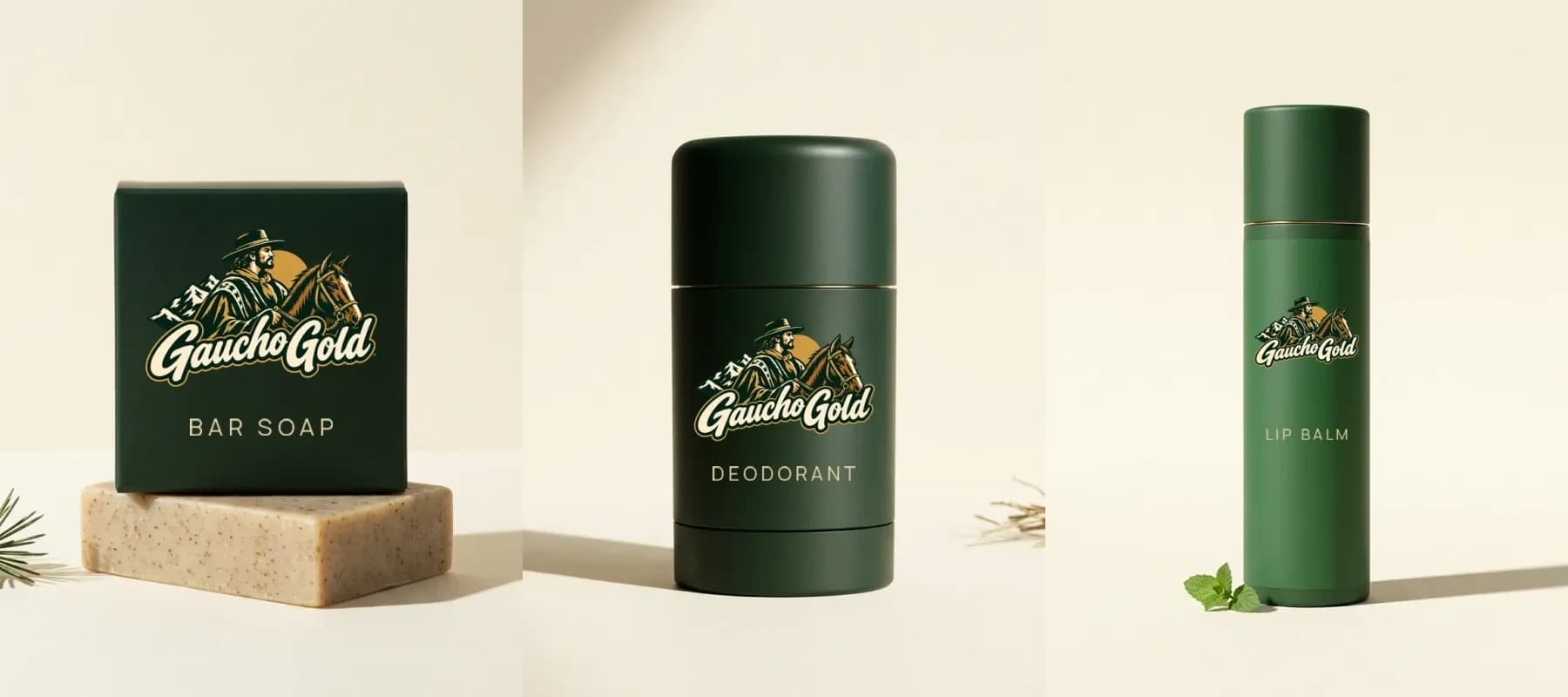 Bar soap, deodorant and lip balm packaging with the official Gaucho Gold logo