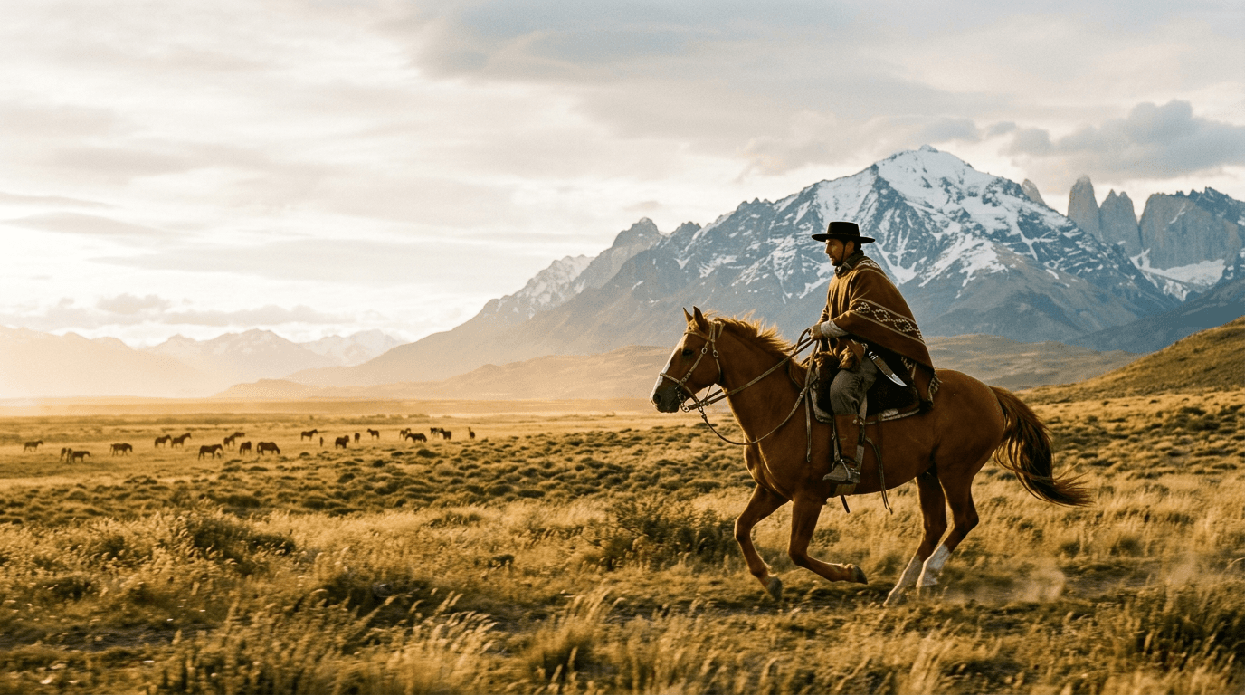 A gaucho rides across Patagonian grassland beneath the Andes at golden hour